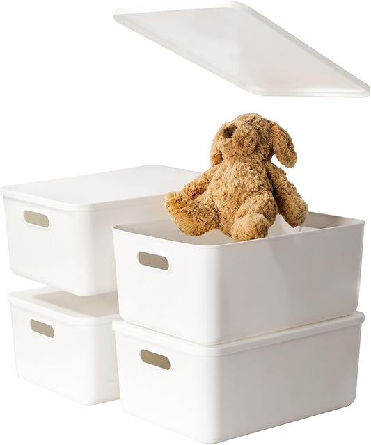 4 pack large plastic White storage bins Baskets, Toy Box Chest with Lids and Handle，Organizer Containers for Baby，Kids,snacks,Nursery，Shelves，Playroom, Bedroom，Office,Closet，home-CasaMuseHome