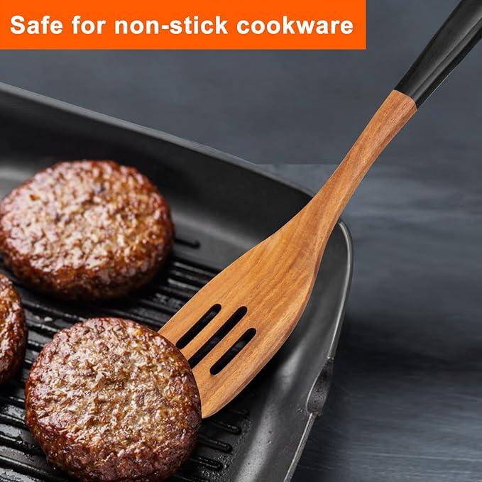 14 Inch Large Wooden Spoons for Cooking Utensils Set Acacia Wood Spatula Slotted Spoon Best Non Toxic Kitchen Utensil Long Mixing Spoon Spatulas Turner Stirring Serving Spoons Kitchen Use Tools-CasaMuseHome