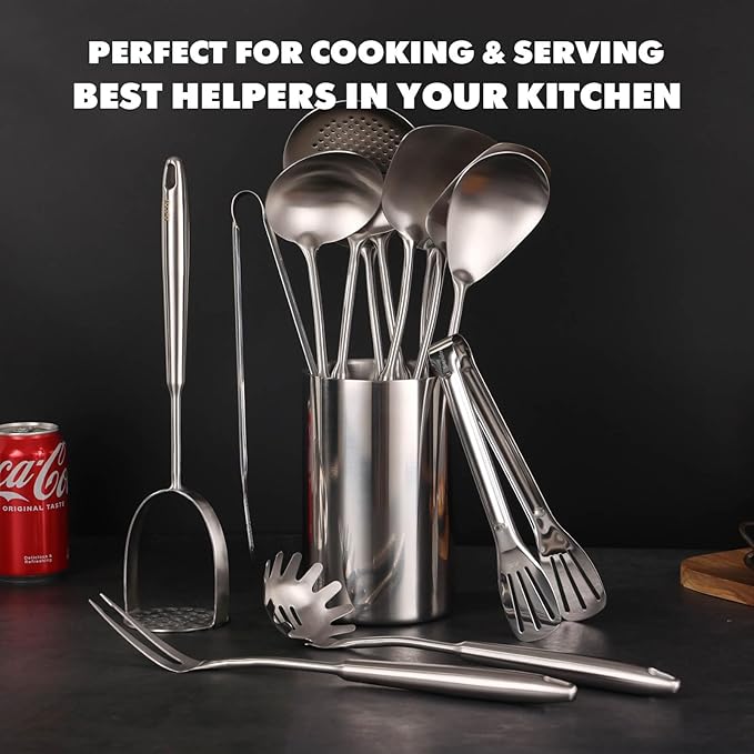 18/10 Stainless Steel Kitchen Utensils Set - 12 PCS All Metal Cooking Tools & 15″ Serving Utensils - Potato Masher, Meat Fork, Tongs, Turner, Pasta, Serving Spoon, Skimmer, Ladle, Spatula Spoon Set-CasaMuseHome