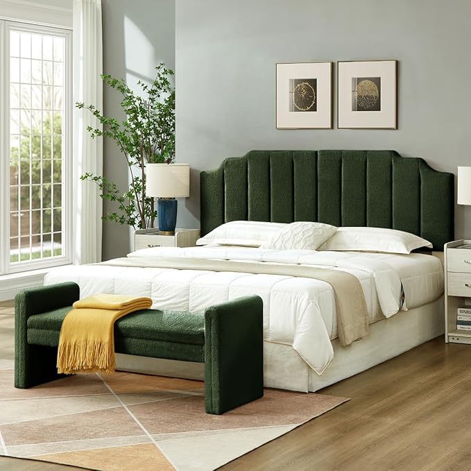 24KF Dark Green Teddy Fabric Tufted King Upholstered Headboard, Modern Vertical Channel Design California King Headboard with Stepped Silhouette Top Edge,6026-K-Teddy Dark Green-CasaMuseHome