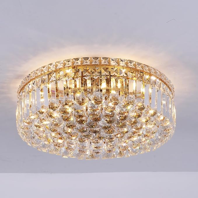 6-Lights Gold Crystal Flush Mount Chandelier Light Fixture K9 Crystals Modern Ceiling Lights Elegant Pendant Lamp for Bedroom,Hallway,Bar,Living Room,Dining Room,H5.9 xW20 (Bulbs Not Included)-CasaMuseHome