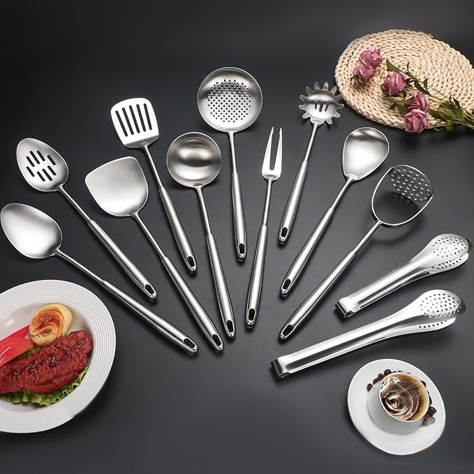 304 Stainlss Steel Kitchen Utensils Set, 12 Pcs Long Metal Cooking Utensil Gadgets Tools Set with Spatula, Ladle, Spoon, Ladle, Skimmer, Tunner, Pasta Server, Tongs(Silver, Dishwasher Safe)-CasaMuseHome