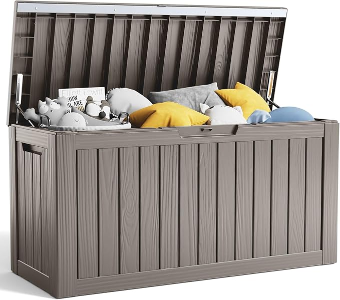 80 Gallon Resin Deck Box, Lockable Patio Outdoor Storage Box for Furniture, Garden Tools and Tools Storage, Waterproof Outside Storage Boxes - Grey-CasaMuseHome