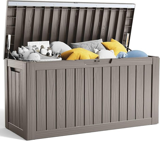 80 Gallon Resin Deck Box, Lockable Patio Outdoor Storage Box for Furniture, Garden Tools and Tools Storage, Waterproof Outside Storage Boxes - Grey-CasaMuseHome