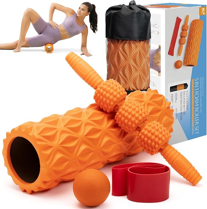 5 in1 Foam Roller Set, Trigger Point Foam Roller, Massage Roller Stick, Massage Ball, Resistance Band for Deep Muscle Massage Pilates Yoga,Fitness Exercise for Whole Body (Pure Orange)-CasaMuseHome