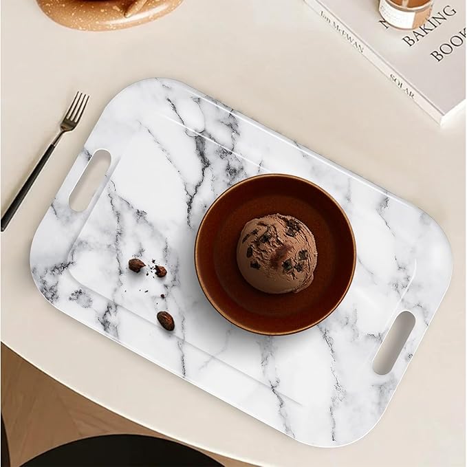 Serving Trays with Handles, 14.5 x 9.8 inch Rectangular Plastic Tray for Restaurant, Kitchen, Gray White Marble-CasaMuseHome