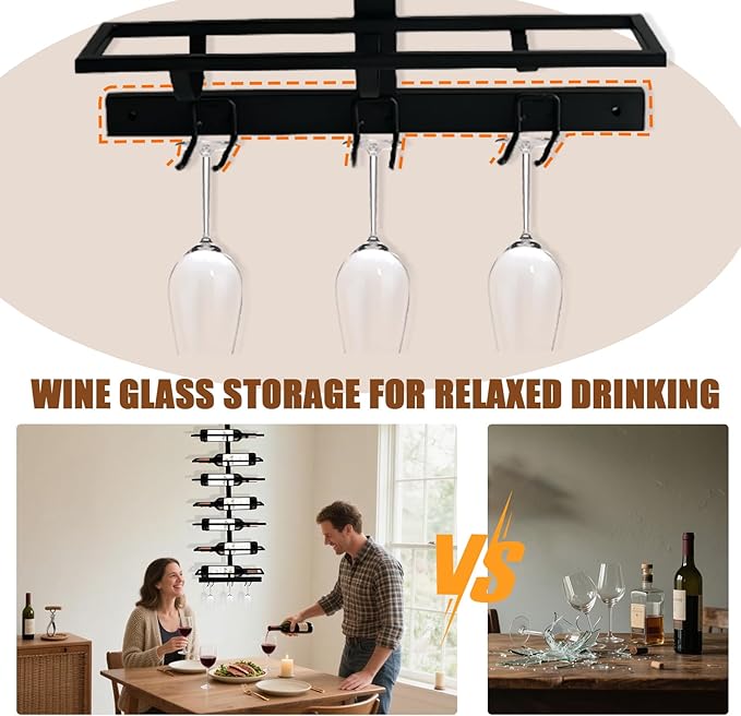 20 Bottle Wall Mount Wine Rack with Wine Glass Holder, Metal Wine Wall Rack, Wall Racks for Wine Bottles Display and Storage, Hanging Bottle Organizer for Living Dining Room Wine Cellar Bar (Black)-CasaMuseHome