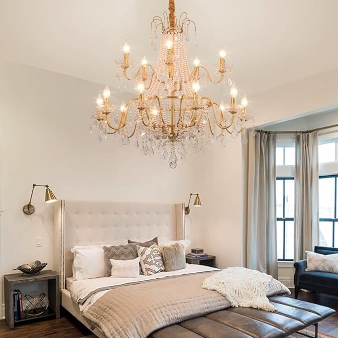 40" Large Brass Crystal Chandeliers,Gold Brushed Brass Chandelier for High Ceiling Living Room Dining Room Staircase Hallway Entryway Foyer(15-Light, Bulb Included)-CasaMuseHome