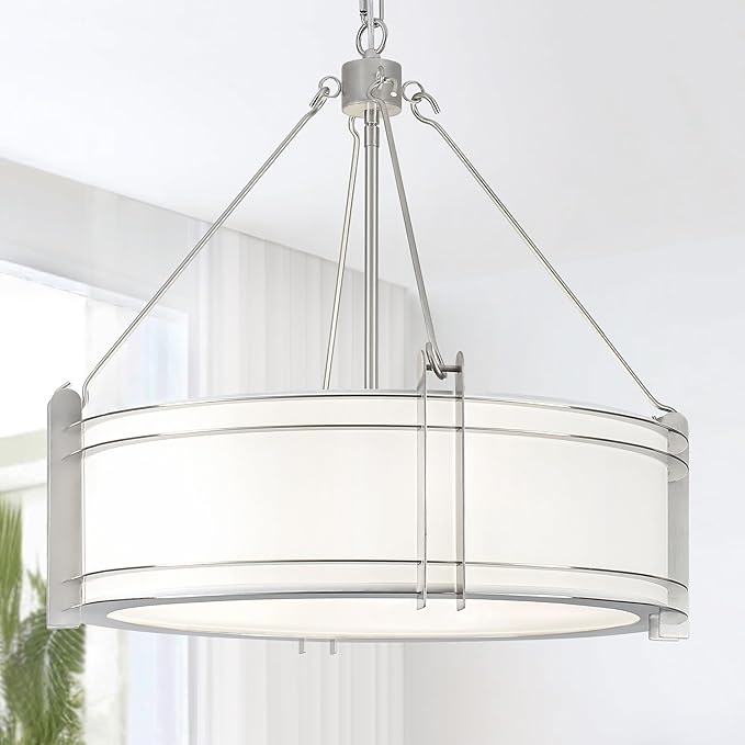 20.4''Drum Chandelier,5-Light Brushed Nickel Modern White Fabric Chandeliers,Farmhouse Round Pendant Light Fixture for Dining Room Kitchen Island Living Room Bedroom Hallway-CasaMuseHome
