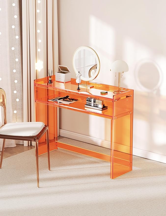 Acrylic Console Table, Entryway Table with Storage Shelves (1, 39.4 * 31.5 * 11.7 inches) (Orange)-CasaMuseHome