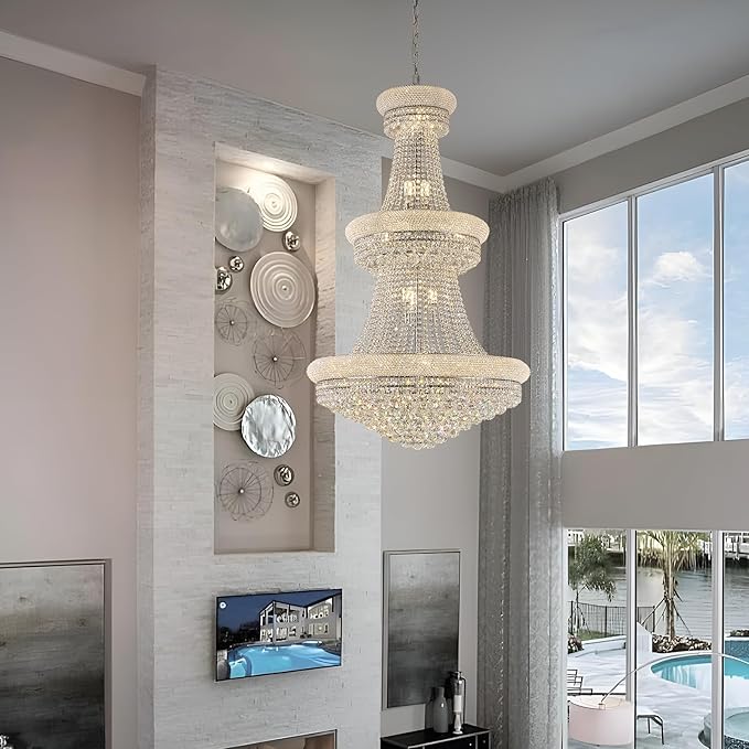 31 - Light Large Empire Crystal Chandelier for High Ceiling Foyer Entryway Staircase Living Room Dining Room Chrome Finish-CasaMuseHome