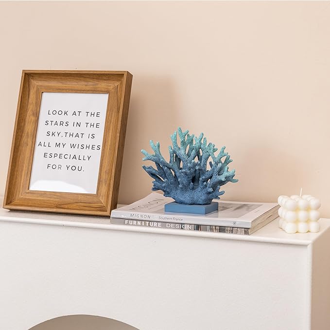 5.8" H Blue Coral Decor, Resin Coral Statue, Nautical Decorations for Home, Beach/Coastal/Ocean Themed Cabinet Shelf Tabletop Decor-CasaMuseHome