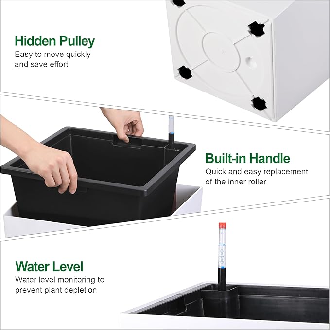 30" Tall Planters Set of 2, Outdoor＆Indoor Black Planter Pots, High Front Porch Planter Pots with Drainage Holes＆Water Level Monitor Movable Wheels ＆Inner Bucket, Automatic Watering, White-CasaMuseHome