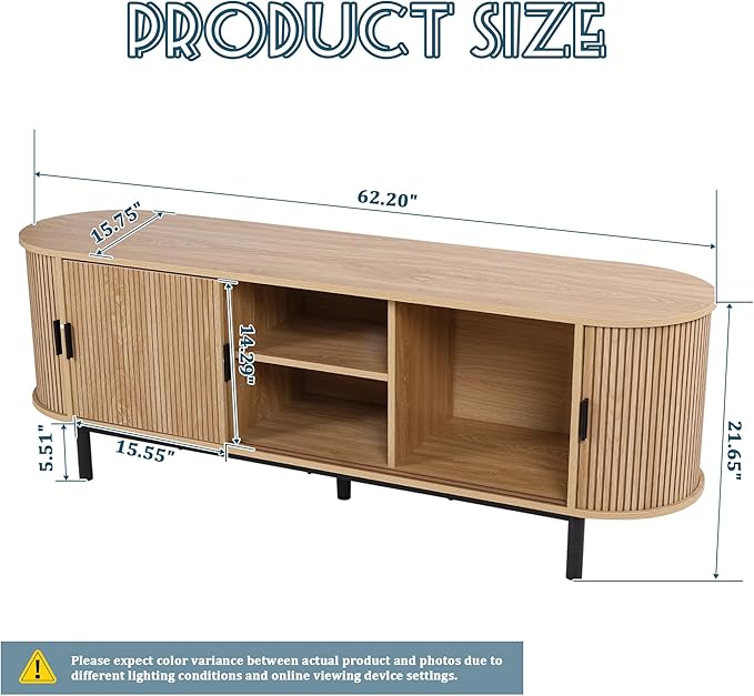 62" Tambour Door TV Stand,Wood Mid Century Modern TV Cabinet for Up to 75“ TV,Curved Edge Long TV Stand with Storage for Bedroom Living Room (Natural, 62.2inch)-CasaMuseHome