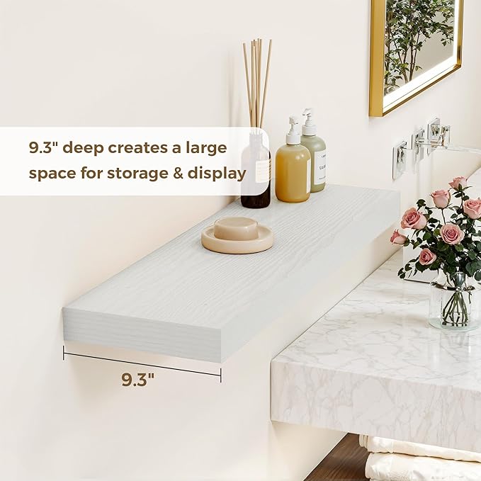 36 Inches Floating Shelves for Wall, 9.3" Deep Long Floating Shelves Set of 2, Large Display & Storage Shelf, Wall Shelf for Bathroom Bedroom Living Room Kitchen Office, White-CasaMuseHome