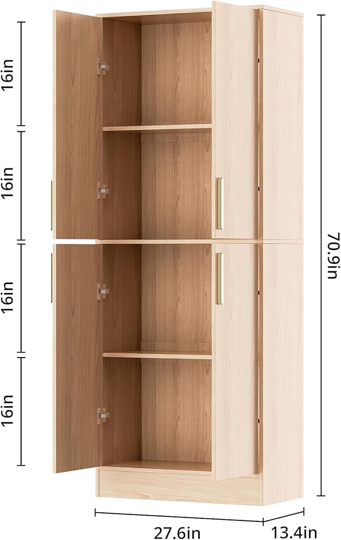 71" Tall Pantry Cabinet with 4 Doors, Kitchen Pantry Storage Cabinet, Freestanding Larder Cupboard, Utility Kitchen Hutch with Gold Handles for Dining Room, Bathroom, Oak-CasaMuseHome