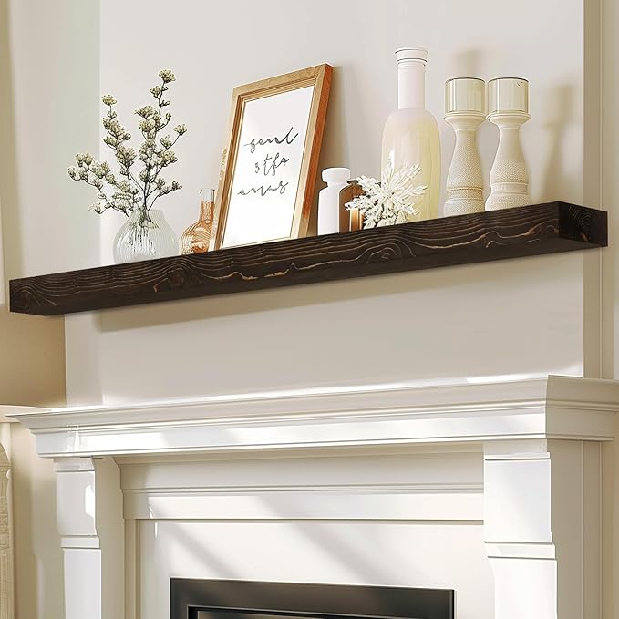 60x8x3 Fireplace Mantel - Solid Rustic Wood - Wall Mounted Floating Shelf with Invisible Heavy Duty Steel Bracket (Weathered Black)-CasaMuseHome