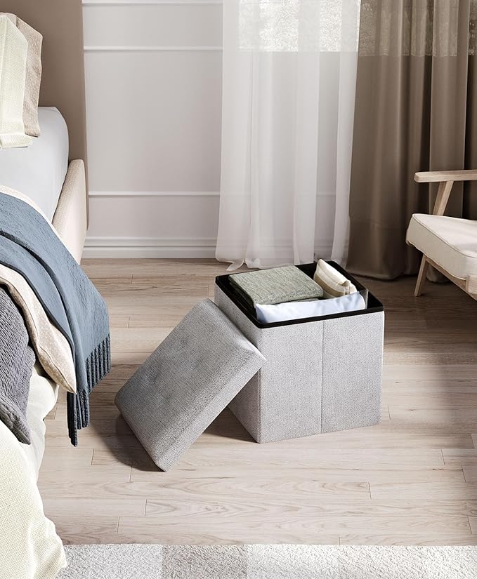 15 Inches Small Folding Storage Ottoman Cube, Storage Footrest, Foot Rest Stool, for Living Room, Bedroom, Dorm, Hallway, Entryway, Light Gray-CasaMuseHome