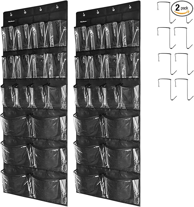 2 Pack Extra Large Hanging Over Door Shoe Organizers,closet shoe organizer shoe rack organizer shoe storage,12+6 Crytal Pockets,8Hooks,black (59"x 21.6")-CasaMuseHome