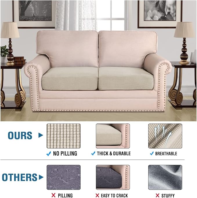 H.VERSAILTEX Super Stretch Individual Seat Cushion Covers Sofa Covers Couch Cushion Covers Slipcover Sets Thick Jacquard Textured Twill Fabric (2 Piece Medium Sofa Cushion Covers, Island Fossi)-CasaMuseHome