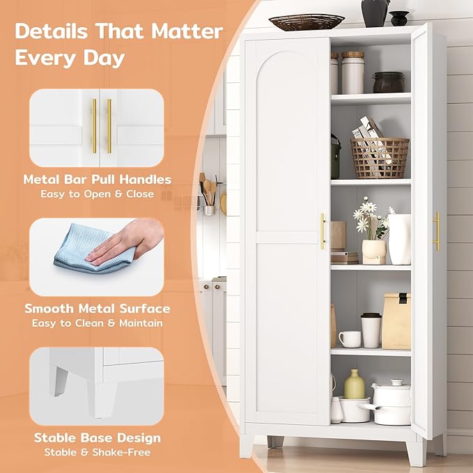 70.87" H Metal Kitchen Pantry Cabinet, Freestanding Cupboard with 2 Doors and 4 Adjustable Shelves, Tall Metal Storage Cabinet for Kitchen, Bathroom, Dinning Room or Laundry Room （White）-CasaMuseHome