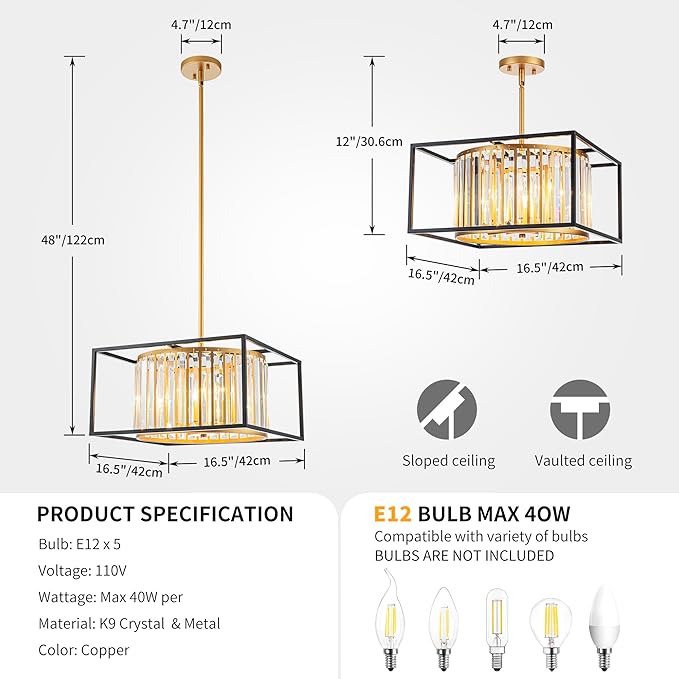 5-Lights K9 Crystal Chandelier, Modern Style Pendant Light Fixture for Dining Room, Bedroom & Living Room, Gold & Black Finish, L16.5 * W16.5 * H12~48 inch (Adjustable Height)-CasaMuseHome