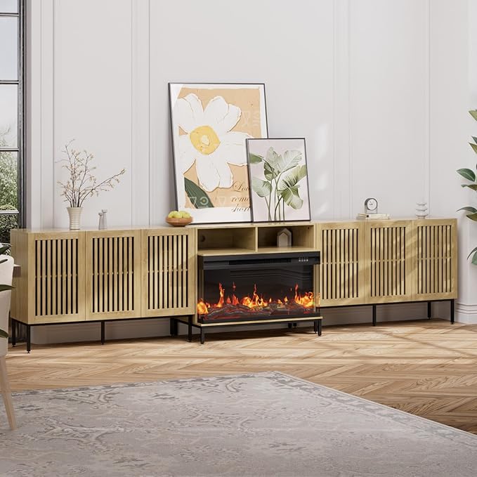 3-Sided Glass Farmhouse Fireplace TV Stand for TVs Up to 110 Inch, Oak Entertainment Center with 36" Electric Fireplace, TV Console with Storage Cabinets for Living Room-CasaMuseHome