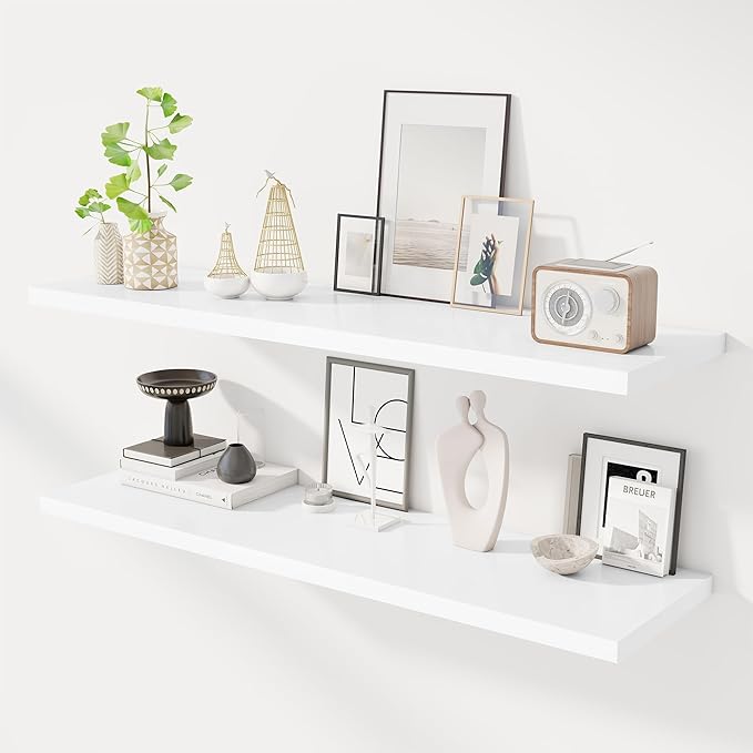 48" Floating Shelves for Wall, 12" Deep Slim White Floating Shelves, Wall-Mounted Shelves for Bedroom, Living Room, Kitchen, Bathroom - Set of 2-CasaMuseHome