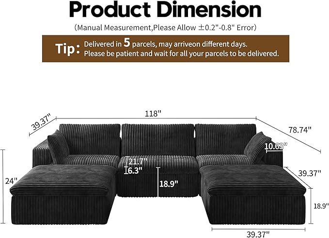 118" U Shaped Modern Sofa Modular Sectional Cloud Couch with 2 Ottoman,Upholstered Couches with Plush Corduroy Fabric for Living Room Furniture,Bedroom and Apartment,No Assembly Required,Black-CasaMuseHome