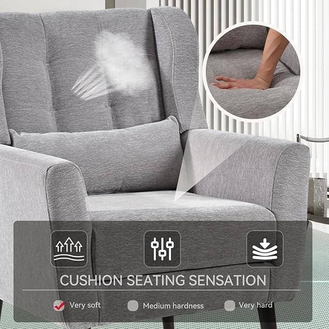Accent Chair Set of 2, Upholstered Armchair with Pillow, Fabric Single Sofa Chair with Lounge Seat and Wood Legs Accent Chair for Living Room Small Spaces (Grey, Set of 2)-CasaMuseHome