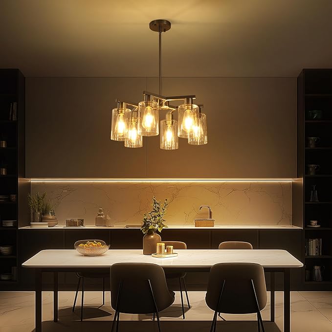 6-Light Farmhouse Brushed Nickel Chandelier,Modern Chandeliers for Dining Room Light Fixture Over Table,Adjustable Hanging Industrial Rustic Pendant Lights Kitchen Island Light with Clear Glass Shade-CasaMuseHome