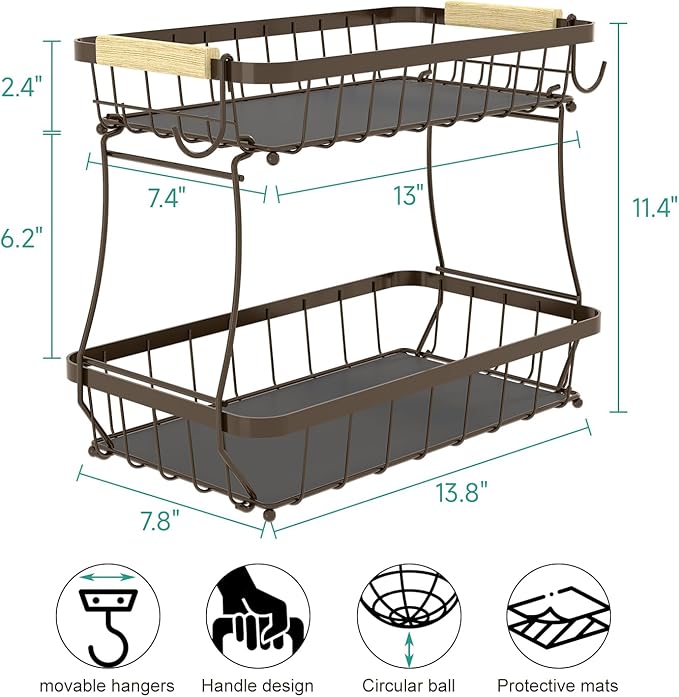 2 Tier Fruit Basket for Kitchen Counter with 2 Banana Hangers, 2025 Pro Detachable Metal Fruit Bowl with Wooden Handle,Fruit Holder for Bread Snack Veggies, Brown-CasaMuseHome