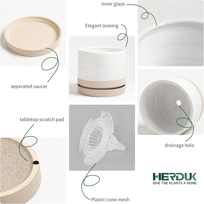 6 Inch Plant Pots, Ceramic Planter Pot with Drainage Hole & Saucer, Indoor/Outdoor Cylinder Round Planter Pot, White & Beige Glaze-CasaMuseHome