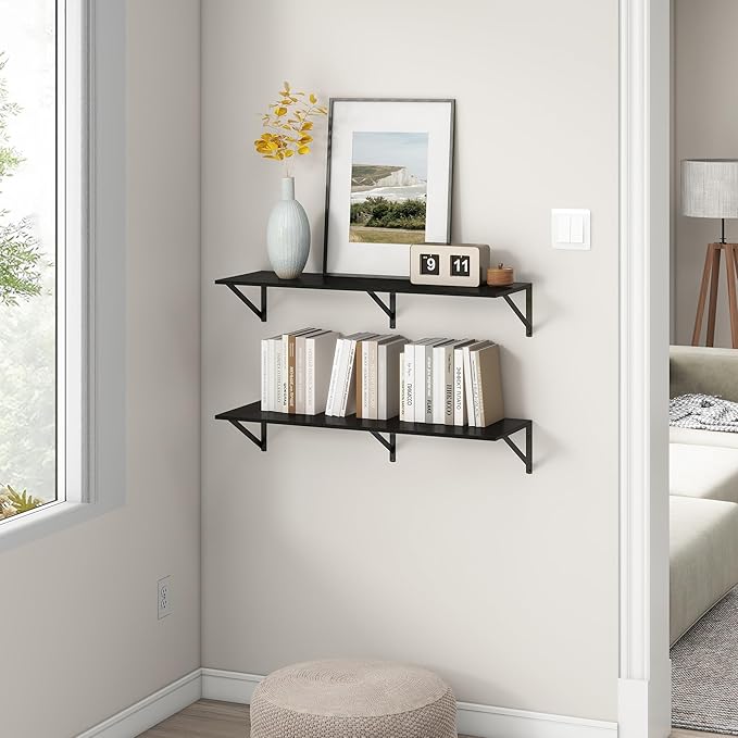 36"W x 12"D Floating Shelves, Black Deep Floating Shelves for Wall with Brackets, 12 Inch Deep Wall Shelves for Books, Wide Display Storage Shelves for Bathroom, Living Room, 36 Inch Long, Set of 2-CasaMuseHome