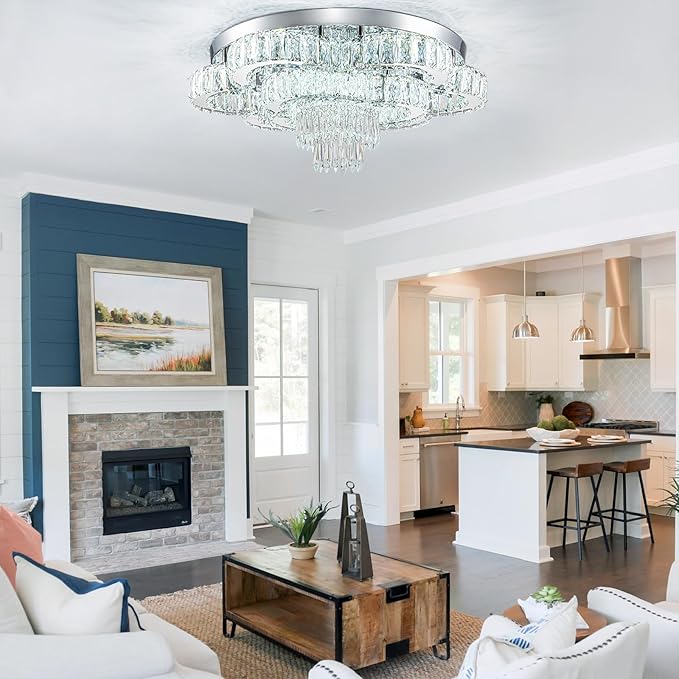 21 Inch Crystal Chandelier LED Flush Mount Ceiling Light Fixtures Luxury Chandeliers for Living Room Bathroom Bedroom Entrance Dining Room(Cool White)-CasaMuseHome