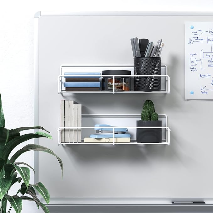 2 Pack White Magnetic Spice Rack Organizer, Space Saver for Refrigerator and Whiteboard, Metal Fridge Shelf for Kitchen and Classroom-CasaMuseHome