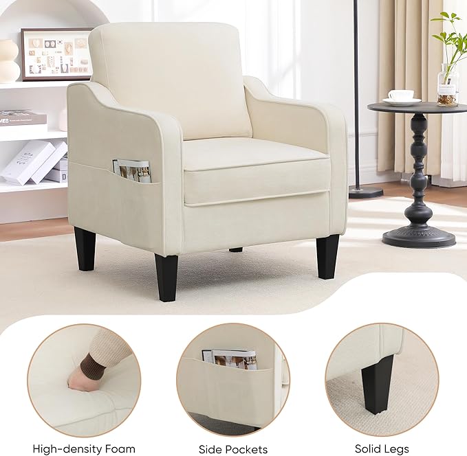 Accent Chairs Set of 2, Upholstered Living Room Chairs with Side Pockets, Mid Century Modern Reading Chair for Bedroom, Comfy Armchair Single Sofa Side Chair for Office, Small Room, Beige-CasaMuseHome