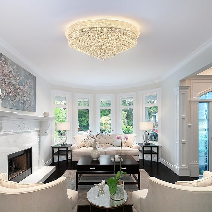 18-Light 32 inch Large Crystal Chandelier Flush Mount Ceiling Light Fixture for Living Room Dining Room Bedroom Foyer Entryway Chrome Finish-CasaMuseHome