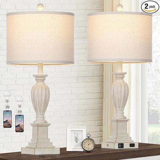27" Farmhouse 3 Way Dimmable Touch Table Lamp Set of 2 Rustic Classic Bedside Nightstand Wood Lamps for Living Room Bedroom with USB C+A Ports Washed White (2 Bulbs Included)-CasaMuseHome