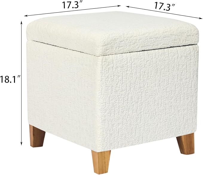 Adeco 18 Inch High Faux Fur White Cube Ottoman Storage, 3D Embossed Velvet Chair Foot Stools, Upholstered Vanity Stool with Hinged Lid, Solid Wood Legs-CasaMuseHome