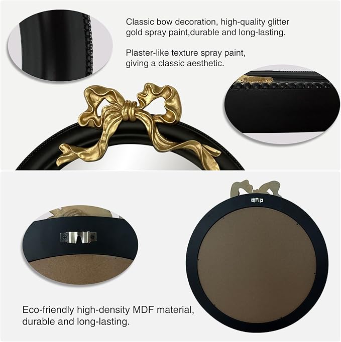 25x25 inch Bow Antique Round Mirror for Wall, Gold & Black Decorative Wall-Mounted Circle Mirror, Perfect for Bedroom, Hallway, Living Room Décor, and Bathroom Vanity-CasaMuseHome