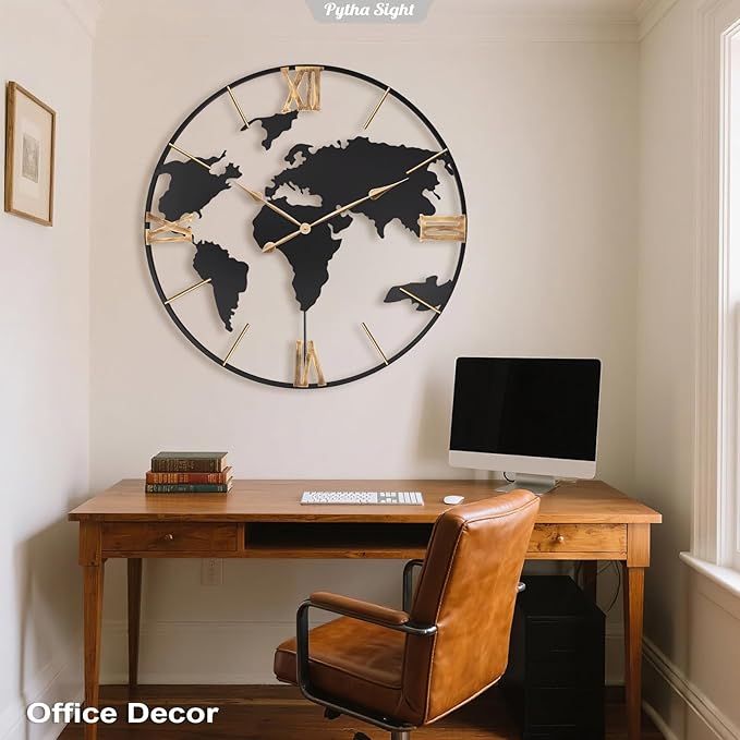 36 Inch Oversized Giant Extra Large Modern Decorative Metal World Map Wall Clock,Big Vintage Gold Roman Numeral Wall Clocks for Living Room,Entryway,Office,Fireplace,Dining Room-CasaMuseHome