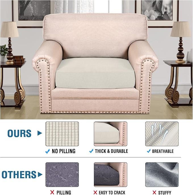 H.VERSAILTEX Super Stretch Individual Seat Cushion Covers Sofa Covers Couch Cushion Covers Slipcover Sets Thick Jacquard Textured Twill Fabric (1 Piece Chair Cushion Cover, Porcelain)-CasaMuseHome