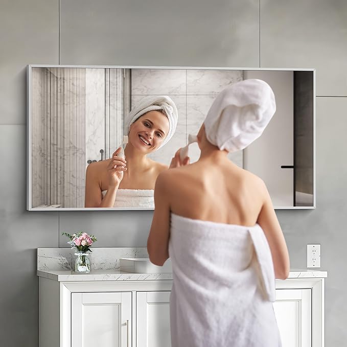 48x24In Silver Bathroom Mirror for Wall, Brushed Nickel Rectangle Mirrors with Metal Frame, Bathroom Rectangular Mirror Modern Wall Mirror for Bedroom Living Room, Hangs Horizontal or Vertical-CasaMuseHome