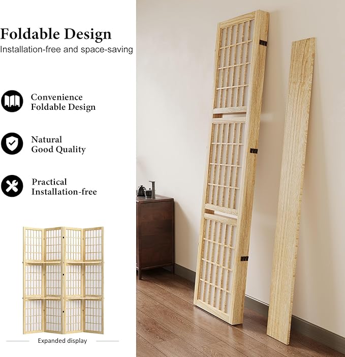 5.6FT Room Divider and Folding Portable Partition Screen, Chinese Japanese Shoji Style with Three Display Shelves for Room Separation - 4 Panel (Natural)-CasaMuseHome