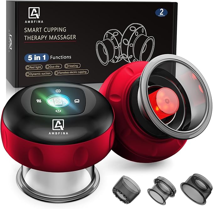 2 Electric Cupping Therapy Set, 5-in-1 Smart Cupping kit with Red Light Therapy, Gua Sha Massage Tool, Relieves Neck Shoulder Back Aches Muscle Soreness, Improves Blood Circulation - Red-CasaMuseHome