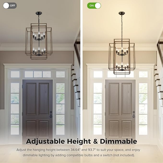 30" Black Farmhouse Chandelier, 10-Light Foyer Lighting Fixtures, Lantern Tiered Pendant Light Fixtures, Metal Wood Grain Finish Rustic High Ceiling Chandelier for Dining Room Entryway Staircase-CasaMuseHome