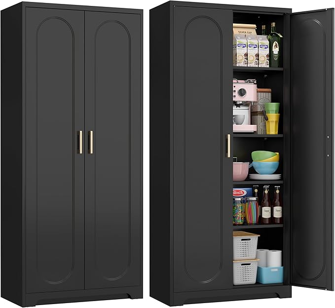71" Tall Metal Pantry Cabinet with 4 Adjustable Shelves and Gold Handles Heavy-Duty Steel Storage for Kitchen, Dining Room or Office-CasaMuseHome