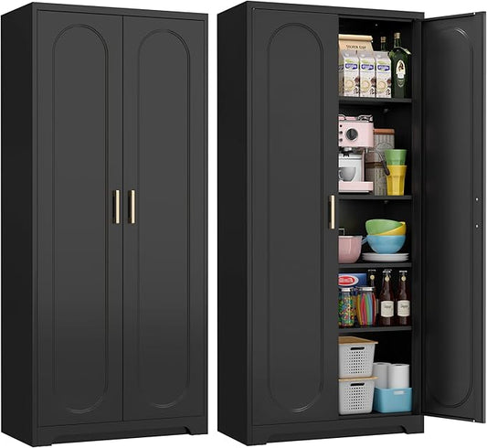 71" Tall Metal Pantry Cabinet with 4 Adjustable Shelves and Gold Handles Heavy-Duty Steel Storage for Kitchen, Dining Room or Office-CasaMuseHome