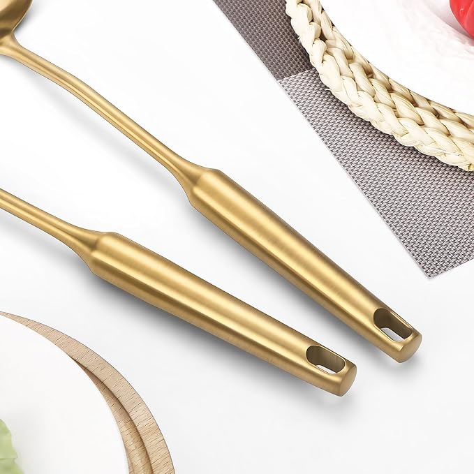 304 Stainless Steel Cooking Utensil,Kitchen Kitchen Utensil with Spatula, Solid Spoon, Ladle, Skimmer, Spaghetti Spoon, 6 Piece Set, Dishwasher Safe(Gold)-CasaMuseHome